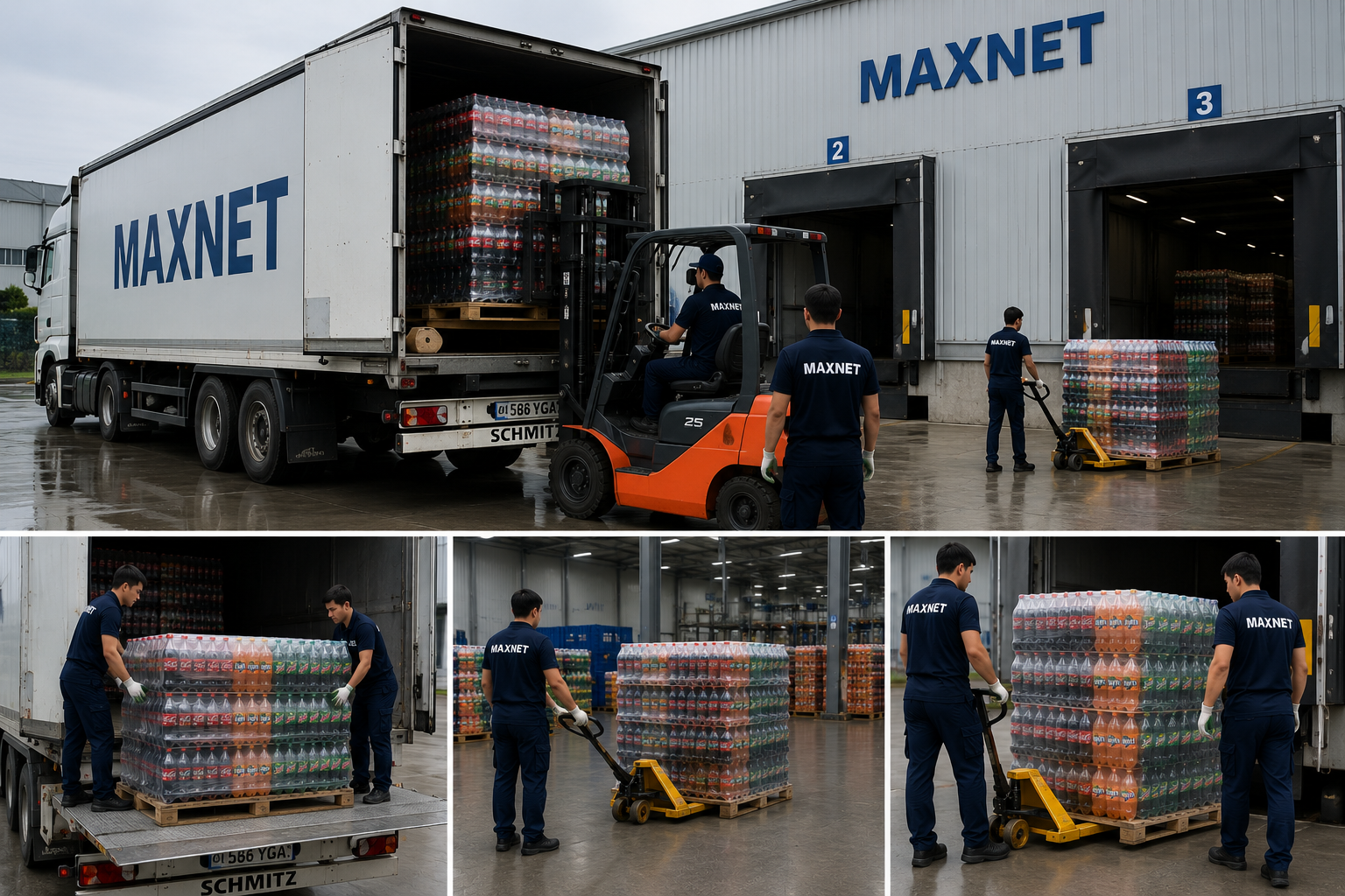 Разгрузка фуры с продукцией MAXNET на складском терминале