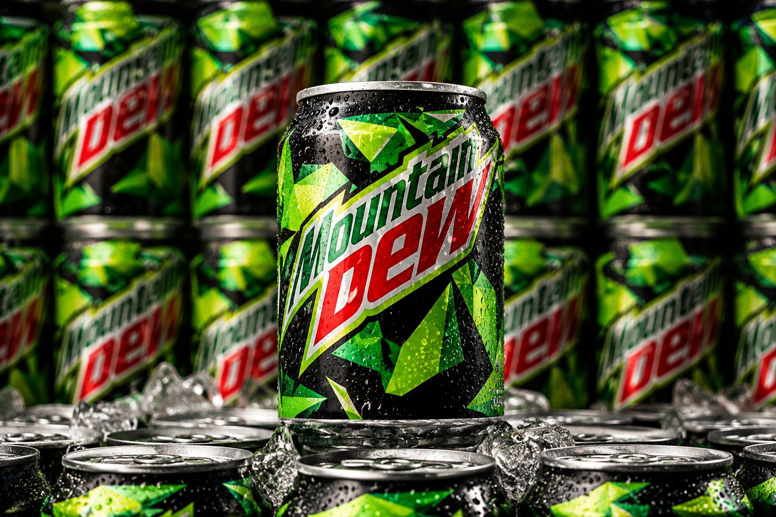 Банка Mountain Dew среди упаковок с газированными напитками
